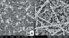 Brine (NaCl) aerosols captured on (A) as-spun and (B) polarized PVDF filter media