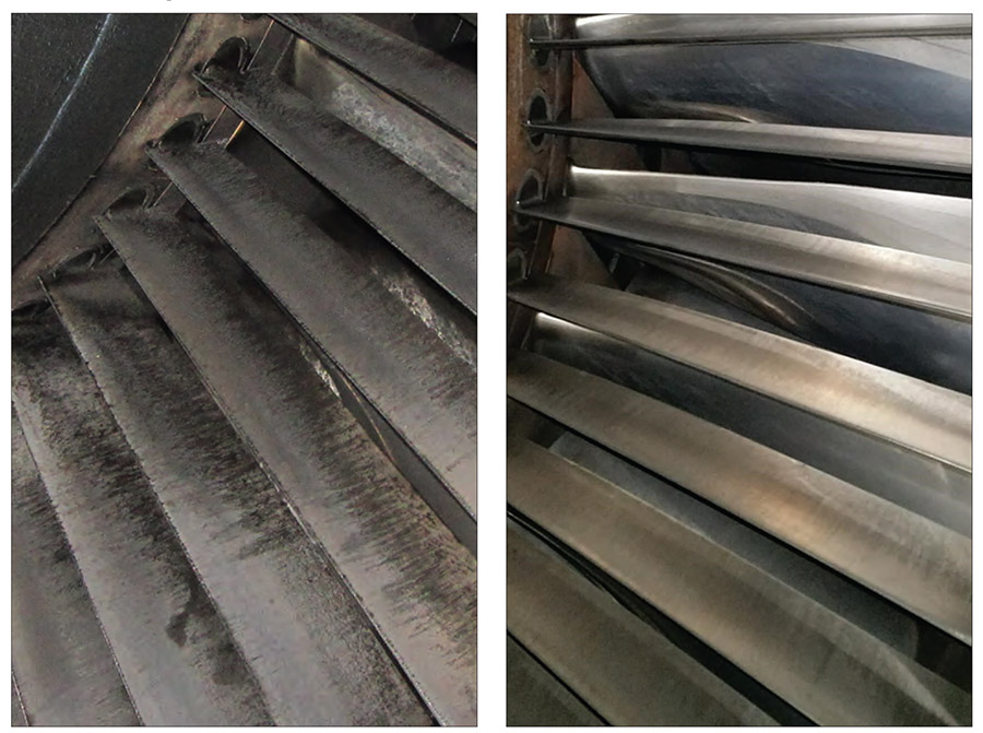 Figure 2: Evidence of significant fouling and signs of corrosion with the use of traditional filters (left) are an indication of imminent decreased compressor performance. By contrast, filters with proper hydrophobic and advanced coating properties helped maintain a clean compressor (right) that keeps the gas turbine operating at a high level.