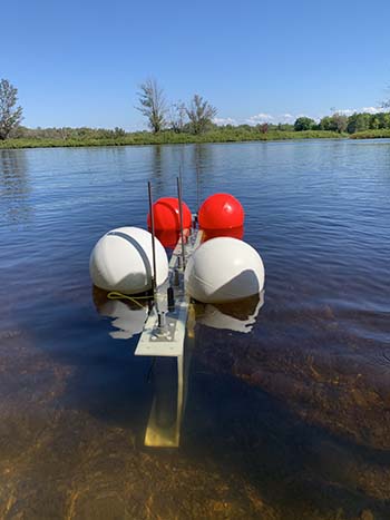 Floating the electrode rack in lake using buoys