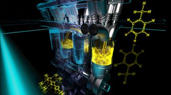 Rendition of an internal combustion engine with fuel molecule