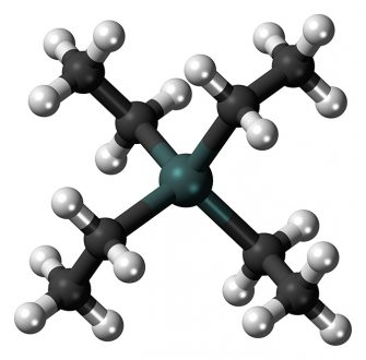 Ball-and-stick model of the tetraethyllead molecule