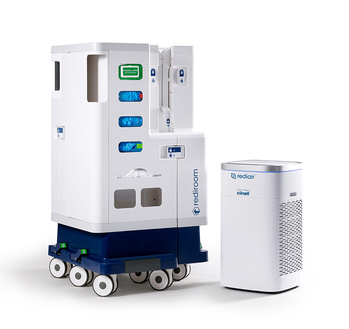 The mobile cart contains all of the Rediroom components for easy portability and five-minute assembly. Photo courtesy of GAMA Healthcare