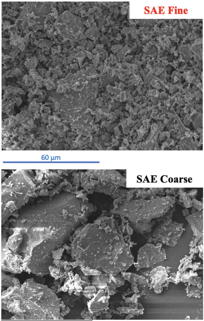Figure 9: Scanning electron microscopic comparison showing SAE Fine and Coarse dusts. [11]