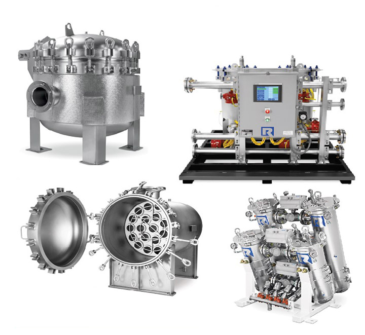 Top left: Rosedale Products 
Multi-Bag Filter Housing. 
Top right and bottom: Rosedale Products High 
Flow Filter Housing: 1 to 31 filter elements, 
40” and 60” lengths, up to 400 gpm per cartridge, absolute-rated cartridges, compact design, and operator-friendly.
