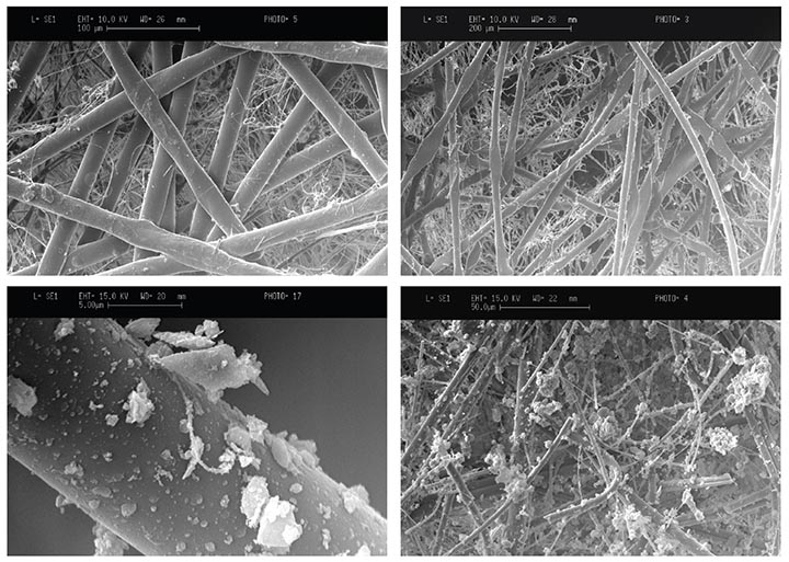 Figure 4: Scanning electron microscope images illustrating unloaded and loaded filter media with different scales.