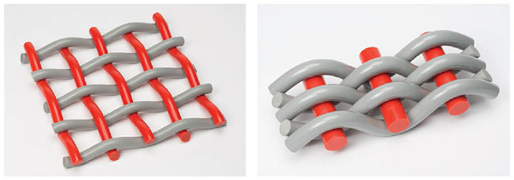 Figure 1: Model of a Square Mesh (left) and Single Plain Weave (right); warp wires: red, weft wires: grey.