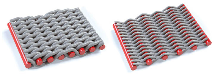 Figure 2: Model of a Dutch Twilled Weave (left) and Betamesh-PLUS (right); warp wires: red, weft wires: grey.