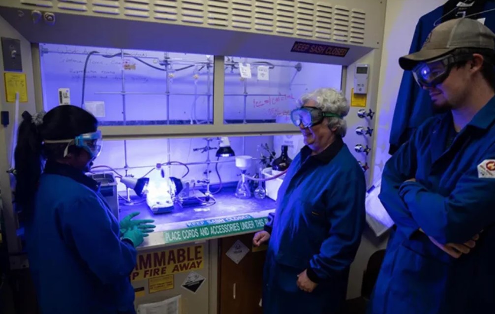 Anja Mueller, a member of Central Michigan University's chemistry and biochemistry department, talks to two students while conducting research on a molecule that can remove contaminants from water to make it potable. 