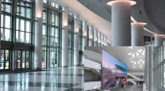 TOP: The west lobby of the Miami Beach Convention Center. BOTTOM: Las Vegas Convention Center west hall grand atrium boasts a 10,000 square foot video wall welcoming guests.