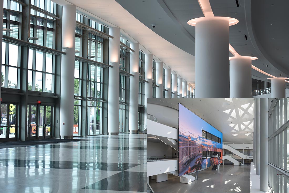 TOP: The west lobby of the Miami Beach Convention Center. BOTTOM: Las Vegas Convention Center west hall grand atrium boasts a 10,000 square foot video wall welcoming guests.