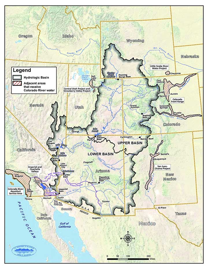 The Basin spans seven states, with its northernmost borders stretching into Wyoming, across Colorado and Utah, and down into Nevada, southern California, Arizona, and New Mexico. From there, the basin expands into northern Mexico where the Colorado River reaches toward the Gulf of California. Illustration courtesy U.S. Bureau of Reclamation