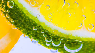 Citrus fruit in a glass of fizzy soda water. iStockphoto