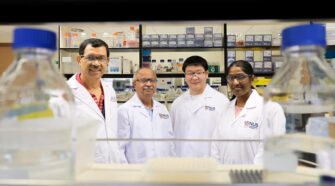 A team of scientists from NUS comprising (left to right) Prof Prakash Kumar, Prof Manjunatha Kini, Dr Li Jianwei and Dr Pannaga Krishnamurthy, has developed a new class of artificial water channels for more efficient industrial water purification. Photo courtesy NUSNews