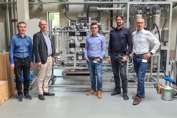 Left to right: Dr Valerii Danilov, Fraunhofer Institute, Simulations; Dr Gunther Kolb, Fraunhofer Institute, Head of Business Division Energy; Robert Jozsa, Parker EMFE, Product Manager Alternative Technology; Dr Jonas Schramm, Fraunhofer, Hydrogen Technology Group; and Burkhard Hartmann, Parker EMFE R&D Stuttgart Officer. Photo courtesy of Parker Hannifin