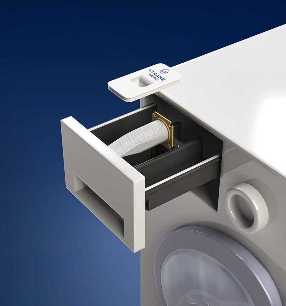 CLEANR INSIDE captures more than 90% of microplastics down to 50 microns in size. It requires no additional pumps and can be architected in two parts to easily fit inside washing machines with significant internal space limitations.