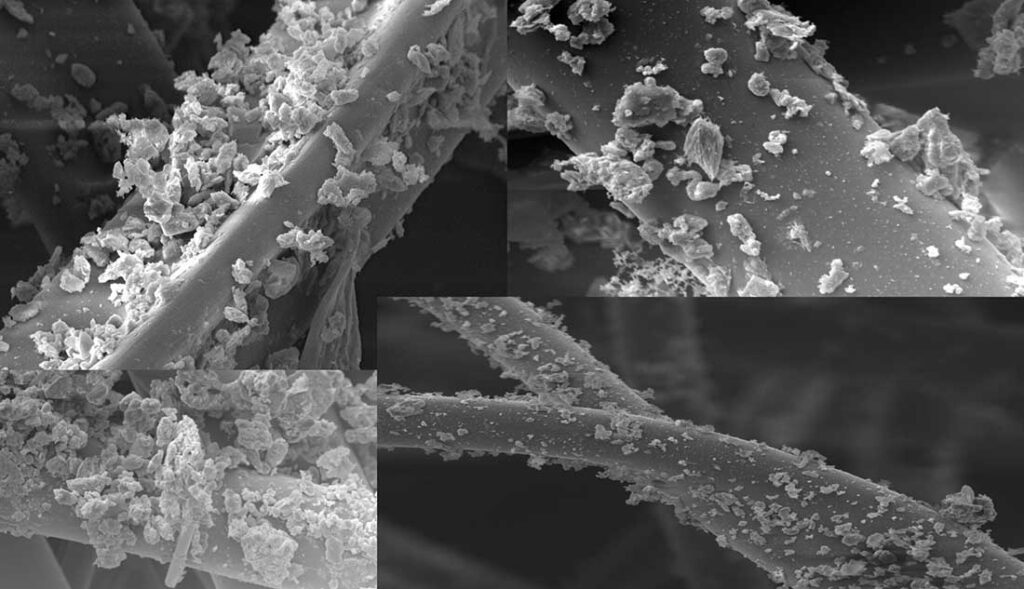 Figure 2: Various examples of SEMs illustrating particle capture within fibrous filter media.