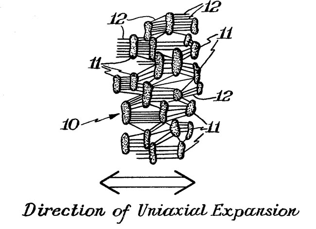 Figure 1: A plan view of a section of an expanded, amorphously locked tetrafluoroethylene polymer as seen under a microscope from U.S. Patent No: 3,953,566.