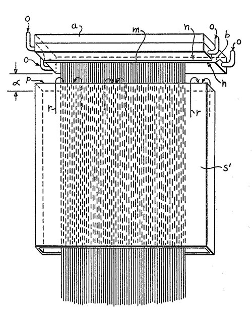 Figure 3: Early illustration of a spunbond spinning head with a guide passageway for filaments from U.S. Patent No. 3,379,811.