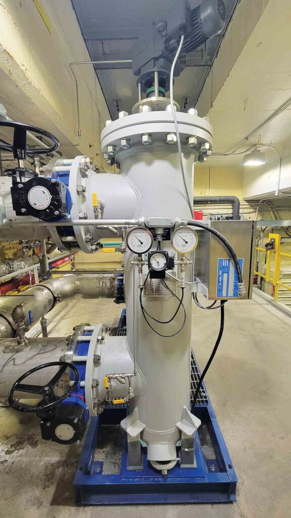When corrosive environments and process fluid temperature raise concerns about material compatibility, automated scraper strainers are available in materials such as Fiber-Reinforced Plastic (FRP). Photo courtesy of Acme Engineering Products Inc.