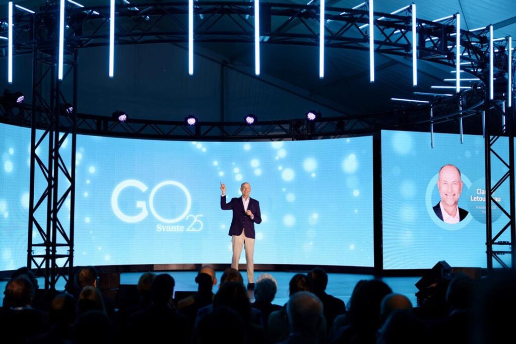 Claude Letourneau, president and CEO of Svante, announces the opening of the new Redwood filter plant. Photo courtesy of Svante