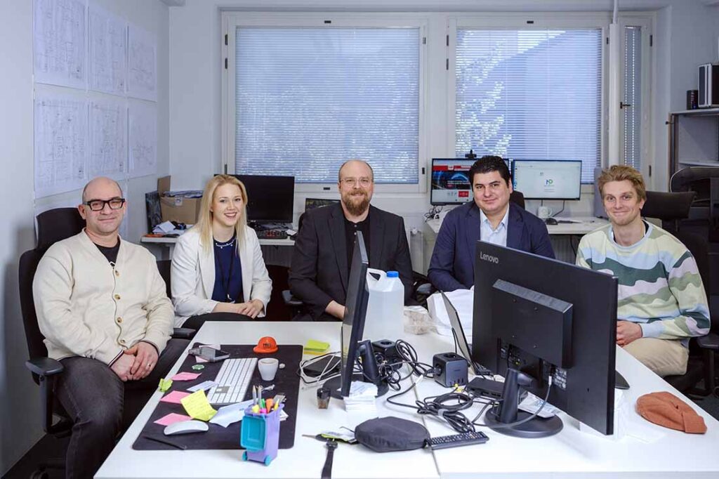 NPHarvest team, L to R: Federico Varalta (Head of Business Operations, Co-Founder), Sara Ikonen (COO), Juho Uzkurt Kaljunen (CEO and CTO, Co-Founder), Burak Yirmibesoglu (Business Developer, Co-Founder), Eero Petäjä (Technical Operations Engineer). Photo courtesy of Jari Härkönen.