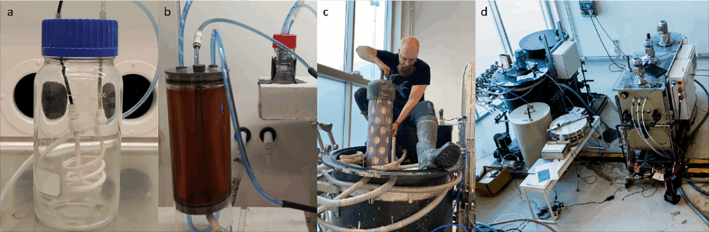 Figure 1. The development steps are a) first small batch reactor, b) first continuous reactor, c) field scale membrane contactor, and d) complete field scale process with phosphorus recovery. Photo courtesy of NPHarvest
